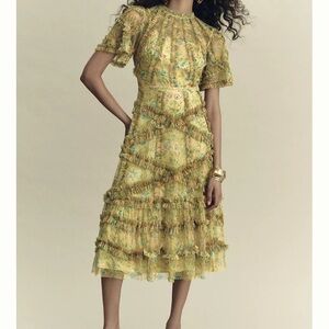 Mac Duggal Yellow Floral Tiered Fringe Midi Dress